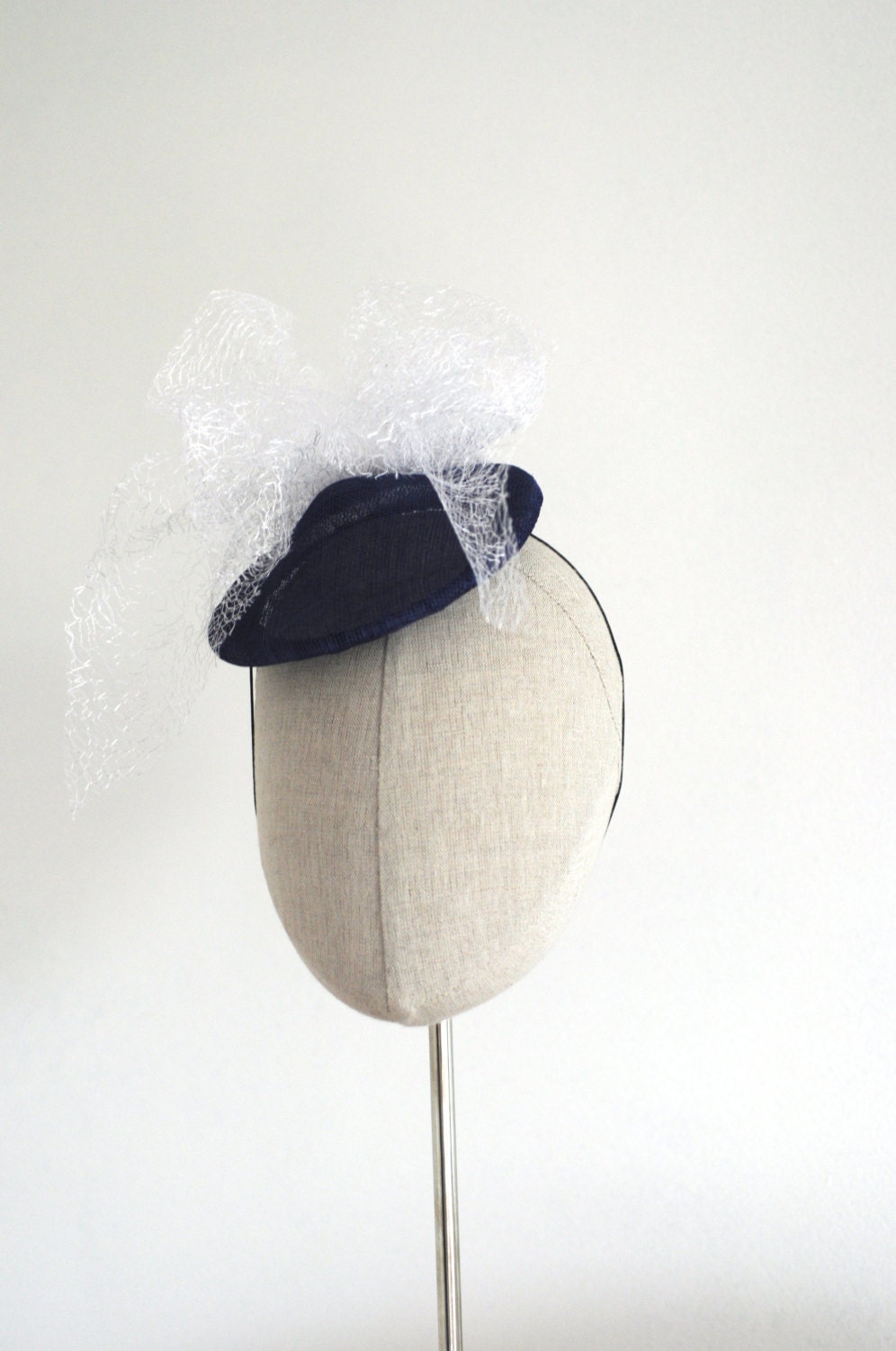 Navy Pyramid Cocktail Hat White Mesh Bow Millinery Fascinator