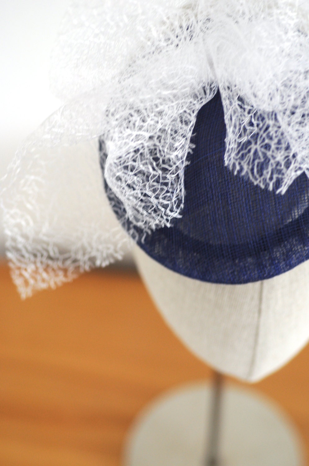 Navy Pyramid Cocktail Hat White Mesh Bow Millinery Fascinator