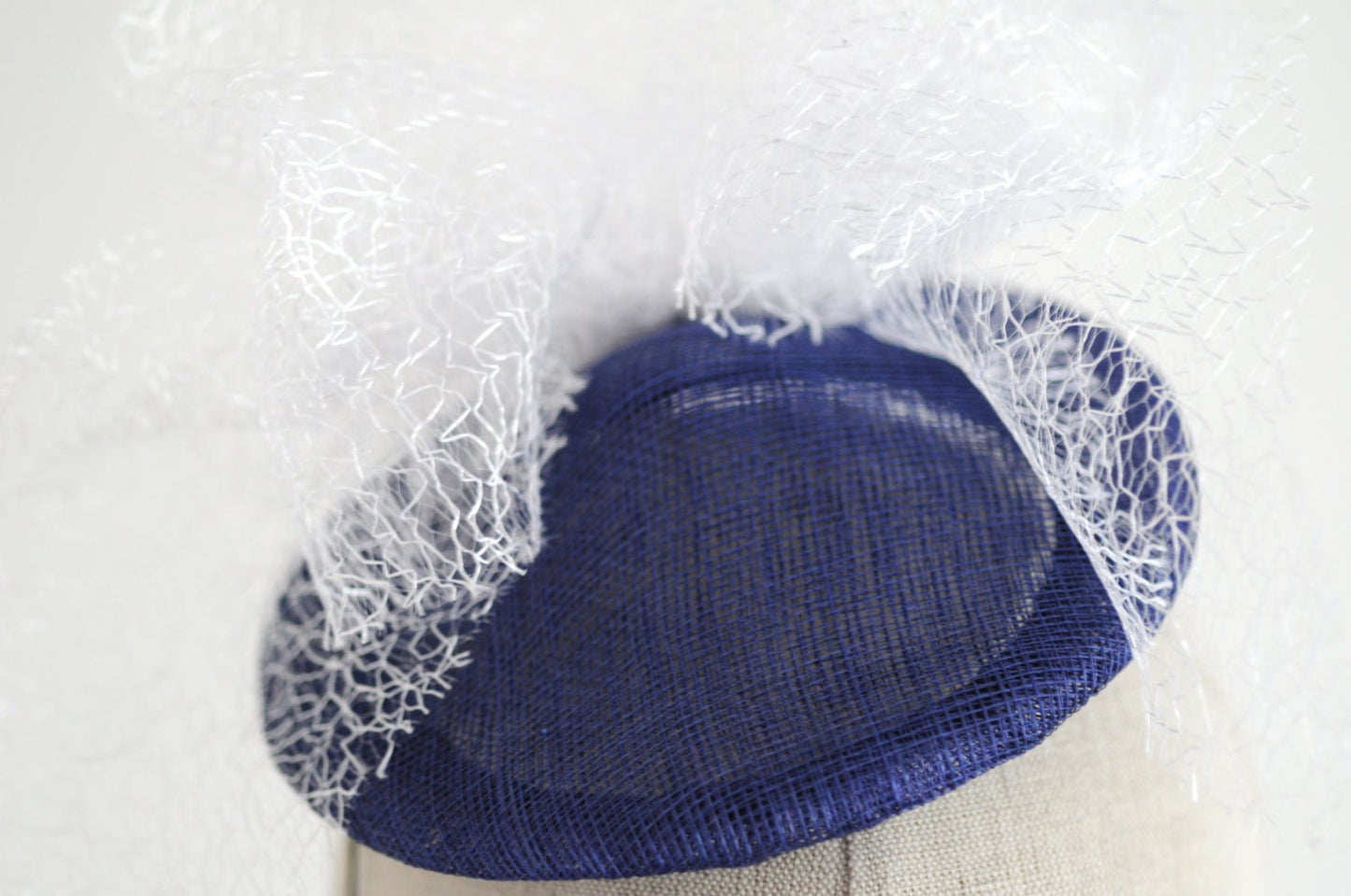 Navy Pyramid Cocktail Hat White Mesh Bow Millinery Fascinator