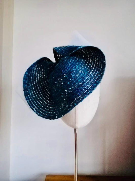 Blue and White Straw Saucer Cocktail Hat Millinery