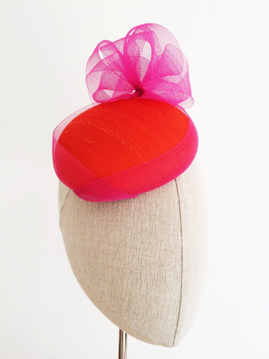 Pink and Orange Silk Cocktail Hat Hand Blocked Mini Hat Pink Crin Flower Millinery